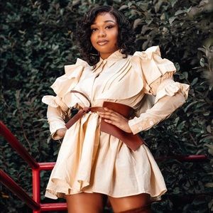 Yellow Ruffle Dress w/ Brown Waist Belt